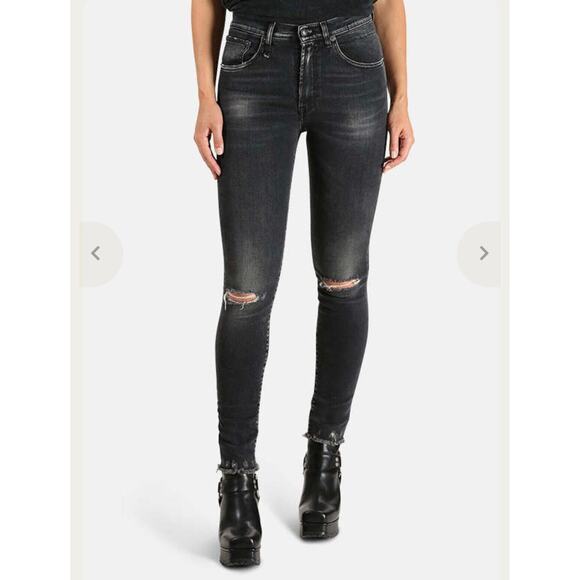 R13 High Rise Aiden Black Stone Wash Skinny Jeans Distressed Knees & Hem Size 26 - Picture 1 of 14